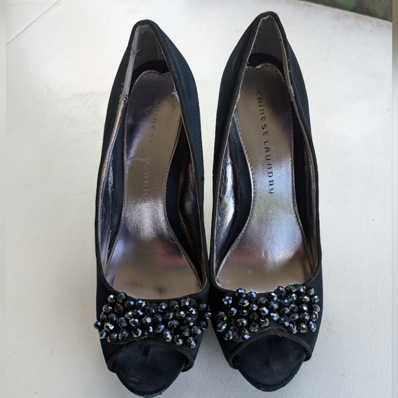 Chinese Laundry black satin embellished stiletto platform shoes size 9 - Picture 14 of 15